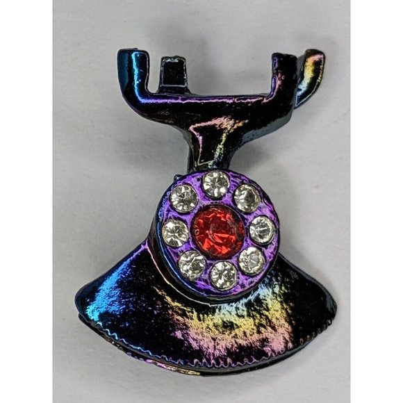 Old Fashioned 2 Piece Phone Clear Crystals Iridescent Vintage Metal Brooch Pin - Picture 3 of 8